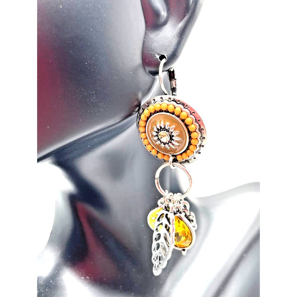 Tribal Celestial Charms Style Silver Tone Amber Dangle Drop Pierced Earrings - Picture 2 of 16